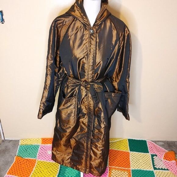 Newsport News Size 12 Bronze Shiny Long Acetate Nylon Coat Button Vintage Brown - Picture 5 of 16